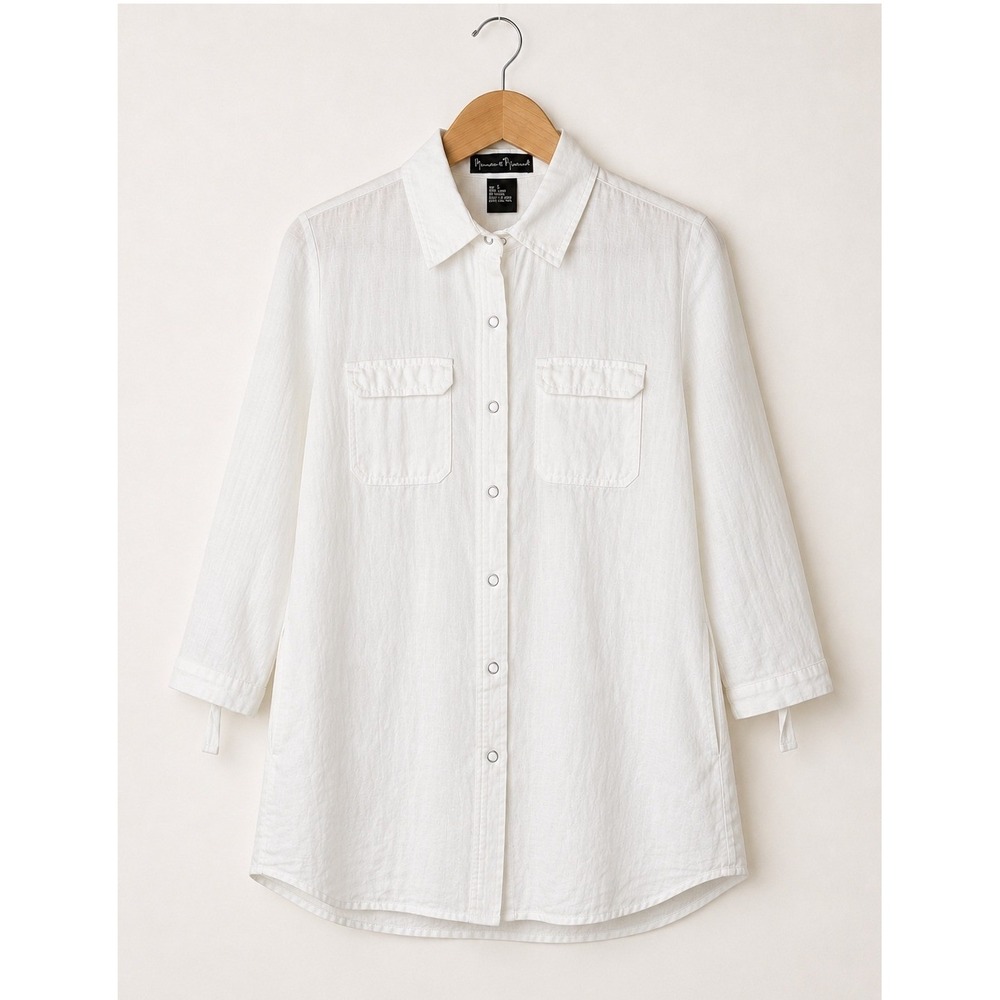Mercer & Madison Linen Tunic Women Small White Roll Tap Sleeve Lagenlook Shirt